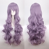 abordables Pelucas de fiesta-Peluca de cosplay, peluca rizada con ondas corporales y flequillo, cabello sintético morado largo para mujer, peluca de cosplay creativa para fiesta, peluca rubia roja larga y negra, peluca de