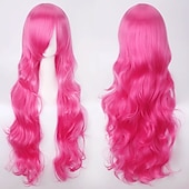 abordables Pelucas de fiesta-Peluca de cosplay, peluca rizada con ondas corporales y flequillo, cabello sintético morado largo para mujer, peluca de cosplay creativa para fiesta, peluca rubia roja larga y negra, peluca de