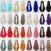 abordables Pelucas de fiesta-Peluca de cosplay, peluca rizada con ondas corporales y flequillo, cabello sintético morado largo para mujer, peluca de cosplay creativa para fiesta, peluca rubia roja larga y negra, peluca de
