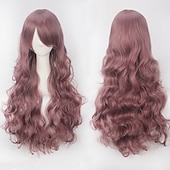 abordables Pelucas de fiesta-Peluca de cosplay, peluca rizada con ondas corporales y flequillo, cabello sintético morado largo para mujer, peluca de cosplay creativa para fiesta, peluca rubia roja larga y negra, peluca de