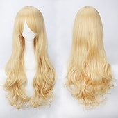 abordables Pelucas de fiesta-Peluca de cosplay, peluca rizada con ondas corporales y flequillo, cabello sintético morado largo para mujer, peluca de cosplay creativa para fiesta, peluca rubia roja larga y negra, peluca de