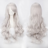 abordables Pelucas de fiesta-Peluca de cosplay, peluca rizada con ondas corporales y flequillo, cabello sintético morado largo para mujer, peluca de cosplay creativa para fiesta, peluca rubia roja larga y negra, peluca de