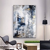 cheap Abstract Paintings-Handmade Oil Painting Canvas Wall Art Decoration Abstract Golden and Blue and White Landscape for Home Decor Rolled Frameless Unstretched Painting