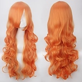 abordables Pelucas de fiesta-Peluca de cosplay, peluca rizada con ondas corporales y flequillo, cabello sintético morado largo para mujer, peluca de cosplay creativa para fiesta, peluca rubia roja larga y negra, peluca de