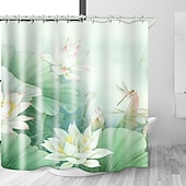 お買い得  シャワーカーテン-防水布製シャワーカーテン 180cm*180cm(70&quot;*70&quot;) フック付き 白い蓮のデジタルプリント バスルームのホームデコに カバーされたバスタブカーテンライナー