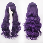 abordables Pelucas de fiesta-Peluca de cosplay, peluca rizada con ondas corporales y flequillo, cabello sintético morado largo para mujer, peluca de cosplay creativa para fiesta, peluca rubia roja larga y negra, peluca de