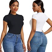 billiga Bodysuits-Dam Vanligt Kroppsdräkt Grundläggande Ensfärgat Kortärmad Rund hals Knappar Dagligen Utekväll Smal Svart Vit Rodnande Rosa Sommar