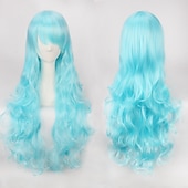 abordables Pelucas de fiesta-Peluca de cosplay, peluca rizada con ondas corporales y flequillo, cabello sintético morado largo para mujer, peluca de cosplay creativa para fiesta, peluca rubia roja larga y negra, peluca de