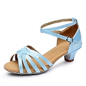 halpa Lattarikengät-naisten siniset satiiniset latinalaiset tanssikengät – avokärkiset matalakorkoiset tanssisandaalit nilkkahihnalla harjoitteluun ja esiintymiseen