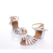 Недорогие Детская обувь для танцев-Жен. Обувь для латины Танцевальная обувь Выступление В помещении Сатин / атлас Классический На каблуках Толстая каблук Серебряный Черный Золотой