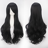 abordables Pelucas de fiesta-Peluca de cosplay, peluca rizada con ondas corporales y flequillo, cabello sintético morado largo para mujer, peluca de cosplay creativa para fiesta, peluca rubia roja larga y negra, peluca de
