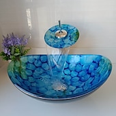 cheap Νιπτήρες-Bathroom Vessel Sink Set Rectangular 16&quot;x13&quot;, Sink Mixer Faucet and Drain Combo with Pop-up Drain, Boat Shape Color Tempered Glass Artistic Vessel Vanity Sink Bowl, Above Counter Sink Art Wash Basin