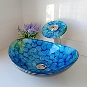 cheap Νιπτήρες-Bathroom Vessel Sink Set Rectangular 16&quot;x13&quot;, Sink Mixer Faucet and Drain Combo with Pop-up Drain, Boat Shape Color Tempered Glass Artistic Vessel Vanity Sink Bowl, Above Counter Sink Art Wash Basin