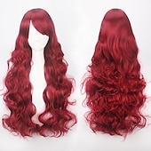 abordables Pelucas de fiesta-Peluca de cosplay, peluca rizada con ondas corporales y flequillo, cabello sintético morado largo para mujer, peluca de cosplay creativa para fiesta, peluca rubia roja larga y negra, peluca de