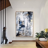 cheap Abstract Paintings-Handmade Oil Painting Canvas Wall Art Decoration Abstract Golden and Blue and White Landscape for Home Decor Rolled Frameless Unstretched Painting
