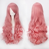 abordables Pelucas de fiesta-Peluca de cosplay, peluca rizada con ondas corporales y flequillo, cabello sintético morado largo para mujer, peluca de cosplay creativa para fiesta, peluca rubia roja larga y negra, peluca de