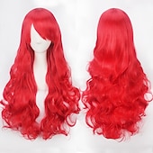 abordables Pelucas de fiesta-Peluca de cosplay, peluca rizada con ondas corporales y flequillo, cabello sintético morado largo para mujer, peluca de cosplay creativa para fiesta, peluca rubia roja larga y negra, peluca de