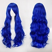abordables Pelucas de fiesta-Peluca de cosplay, peluca rizada con ondas corporales y flequillo, cabello sintético morado largo para mujer, peluca de cosplay creativa para fiesta, peluca rubia roja larga y negra, peluca de