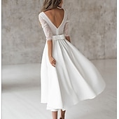billige Små Hvite Kjoler-Strandbryllup Bryllupsdusj Liten Hvit Kjole Bryllupsdusj Kjoler Bryllupskjoler A-Linje V-hals 3/4 Lengde Erme Tealengde Chiffon Bryllupskjoler med Ensfarget