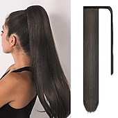 abordables Queue-de-cheval-Extensions de queue de cheval droites longues enroulées autour d&#039;un morceau de cheveux synthétiques clip dans les extensions de cheveux en queue de cheval cheveux synthétiques 28 pouces 150g
