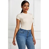 billiga Bodysuits-Dam Vanligt Kroppsdräkt Grundläggande Ensfärgat Kortärmad Rund hals Knappar Dagligen Utekväll Smal Svart Vit Rodnande Rosa Sommar