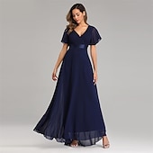 abordables Mariage Décontracté / de Jour-Robe de mariage en A-line froncée élégante pour les invitées de mariage mariage à la plage formelle cravate noire pour demoiselles d&#039;honneur longueur de sol manches courtes décolleté en V chiffon dos