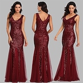 abordables Robes de fête-Robe de soirée sirène dorée en sequins pour les invités de mariage tenue de fête longueur au sol sans manches décolleté en V masque robe à impressionner