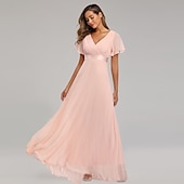 abordables Mariage Décontracté / de Jour-Robe de mariage en A-line froncée élégante pour les invitées de mariage mariage à la plage formelle cravate noire pour demoiselles d&#039;honneur longueur de sol manches courtes décolleté en V chiffon dos