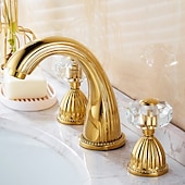 cheap Multi Holes-Widespread Bathroom Sink Mixer Faucet, 3 Holes 2 Handle Basin Tap, Retro Style Crystal Handle Brass Bathroom Sink Faucet Contain with Supply Lines and Hot Cold Water Hose Deck Mounted