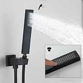 abordables Systèmes de douche à valve brute-Ensemble combiné de robinet de douche dissimulé noir, 8 &quot;/ 10 &quot; / 12 &quot;, système de douche à tête ultra-mince, mitigeur rugueux dans la valve, tête haute pression avec douchette, baignoire murale et kit de garniture de douche, baignoire de salle de bain