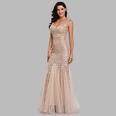 abordables Robes de fête-Robe de soirée sirène dorée en sequins pour les invités de mariage tenue de fête longueur au sol sans manches décolleté en V masque robe à impressionner