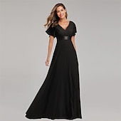abordables Mariage Décontracté / de Jour-Robe de mariage en A-line froncée élégante pour les invitées de mariage mariage à la plage formelle cravate noire pour demoiselles d&#039;honneur longueur de sol manches courtes décolleté en V chiffon dos