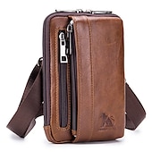 cheap Men&#039;s Bags-Sleek Brown Leather Vertical Sling Bag - Compact Men&#039;s Crossbody Bag with Multiple Zippered Pockets, Ideal for Daily Use and Travel