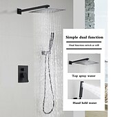abordables Systèmes de douche à valve brute-Ensemble combiné de robinet de douche dissimulé noir, 8 &quot;/ 10 &quot; / 12 &quot;, système de douche à tête ultra-mince, mitigeur rugueux dans la valve, tête haute pression avec douchette, baignoire murale et kit de garniture de douche, baignoire de salle de bain