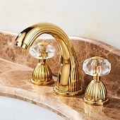 cheap Multi Holes-Widespread Bathroom Sink Mixer Faucet, 3 Holes 2 Handle Basin Tap, Retro Style Crystal Handle Brass Bathroom Sink Faucet Contain with Supply Lines and Hot Cold Water Hose Deck Mounted