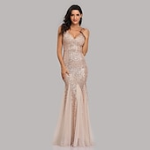 abordables Robes de fête-Robe de soirée sirène dorée en sequins pour les invités de mariage tenue de fête longueur au sol sans manches décolleté en V masque robe à impressionner