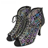 abordables Bottines de danse-Chaussures de danse latine à lacets et strass pour femmes – Sandales à talons hauts pailletés pour salsa, soirées et compétitions