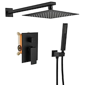 abordables Systèmes de douche à valve brute-Ensemble combiné de robinet de douche dissimulé noir, 8 &quot;/ 10 &quot; / 12 &quot;, système de douche à tête ultra-mince, mitigeur rugueux dans la valve, tête haute pression avec douchette, baignoire murale et kit de garniture de douche, baignoire de salle de bain