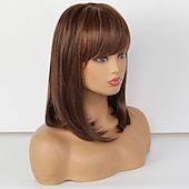 cheap Human Hair Capless Wigs-Human Hair Blend Wig Medium Length Natural Straight With Bangs Brown Women Fashion Adorable Capless Women&#039;s Dark Auburn#33