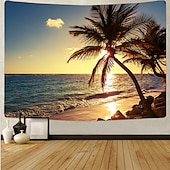 billige Havstrand Teppe-veggteppe art deco teppe gardin piknik bordduk hengende hjem soverom stue sovesal dekorasjon polyester fiber strand serie kokosnøtt tre hvit sky solnedgang glød solnedgang tidevann