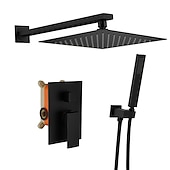 abordables Systèmes de douche à valve brute-Ensemble combiné de robinet de douche dissimulé noir, 8 &quot;/ 10 &quot; / 12 &quot;, système de douche à tête ultra-mince, mitigeur rugueux dans la valve, tête haute pression avec douchette, baignoire murale et kit de garniture de douche, baignoire de salle de bain