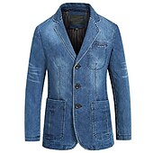 cheap Men&#039;s Blazers-Men&#039;s Denim Jacket Blazer Sport Coat Casual Cocktail Attire Pocket Fall Winter Denim Contemporary Classic &amp; Timeless Regular Denim Light Blue Navy Blue Jacket