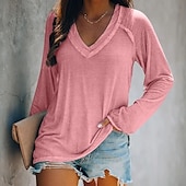 ieftine tricou simplu-Pentru femei Tricou Alb Roz Îmbujorat Albastru piscină Simplu Mată Peteci Manșon Lung Zilnic Sfârșit de săptămână De Bază În V Regulat Potrivire Largă S