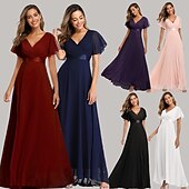 abordables Mariage Décontracté / de Jour-Robe de mariage en A-line froncée élégante pour les invitées de mariage mariage à la plage formelle cravate noire pour demoiselles d&#039;honneur longueur de sol manches courtes décolleté en V chiffon dos
