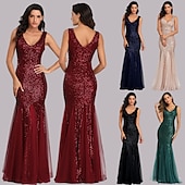 abordables Robes de fête-Robe de soirée sirène dorée en sequins pour les invités de mariage tenue de fête longueur au sol sans manches décolleté en V masque robe à impressionner