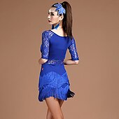 economico Abbigliamento balli latino-americani-Abito da ballo latino in pizzo con frange e nappe a strati performance di allenamento da donna mezza manica in pizzo naturale in fibra di latte