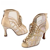 abordables Bottines de danse-Chaussures de danse latine à lacets et strass pour femmes – Sandales à talons hauts pailletés pour salsa, soirées et compétitions