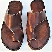 billige Uformelle sandaler-brune sandaler med tåløkker i kunstskinn med håndsydde detaljer - slip-on sommersko i vintage stil