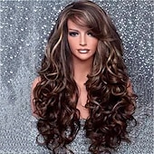 cheap Black &amp; African Wigs-Synthetic Wig Curly Water Wave With Bangs Wig Long Dark Brown Synthetic Hair 26 inch Women&#039;s Fashionable Design Party Comfortable Dark Brown / Daily Wear