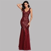 abordables Robes de fête-Robe de soirée sirène dorée en sequins pour les invités de mariage tenue de fête longueur au sol sans manches décolleté en V masque robe à impressionner